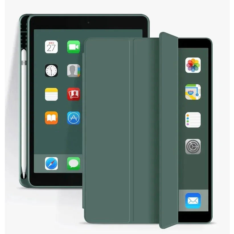 A dark green magnetic tri-folding smart case for an 11-inch iPad, shown open and closed.