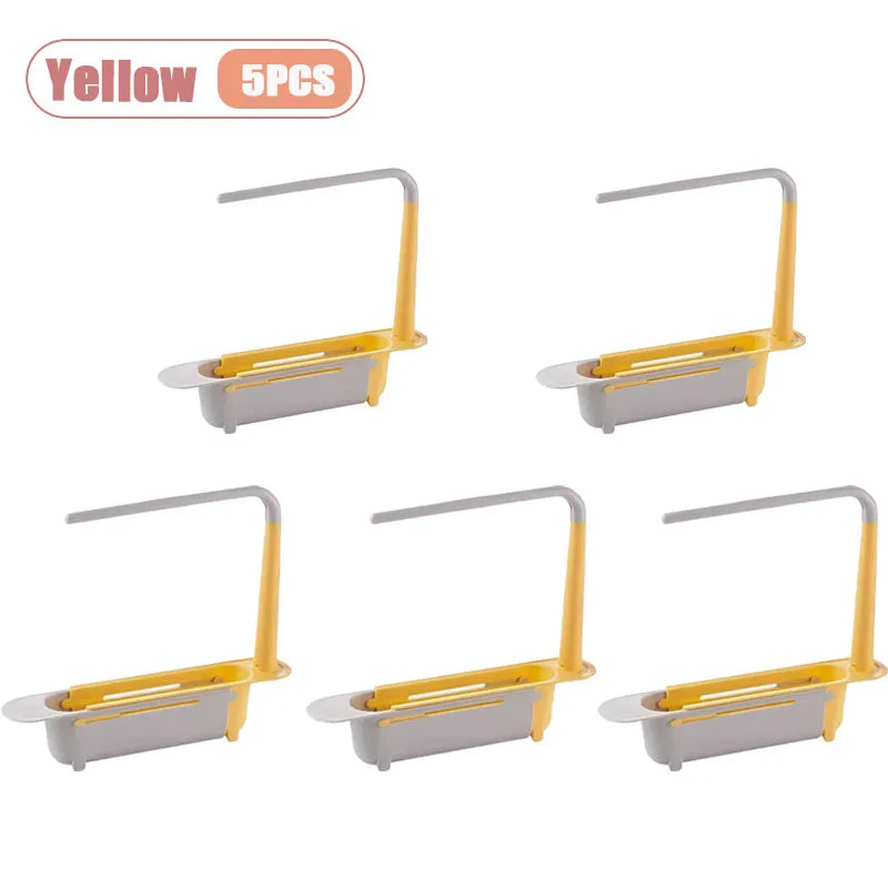 Five yellow adjustable over-sink dish drying racks with gray and white components