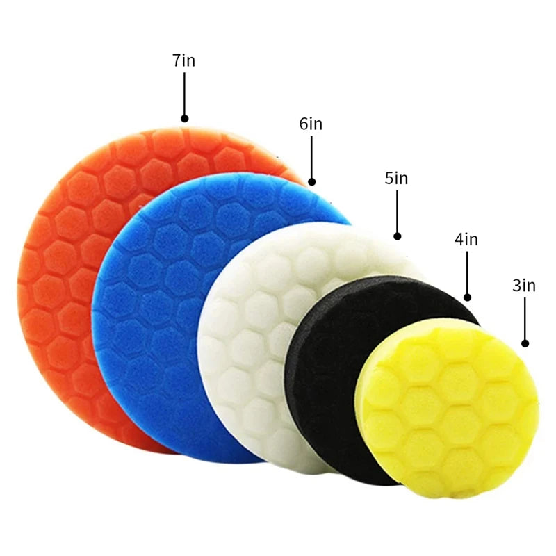 A set of five colored car polishing sponge pads with hook-and-loop backing, showing various sizes.