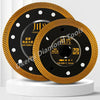 A close-up view of a round diamond saw blade with a gold edge and black body, used for cutting hard materials.