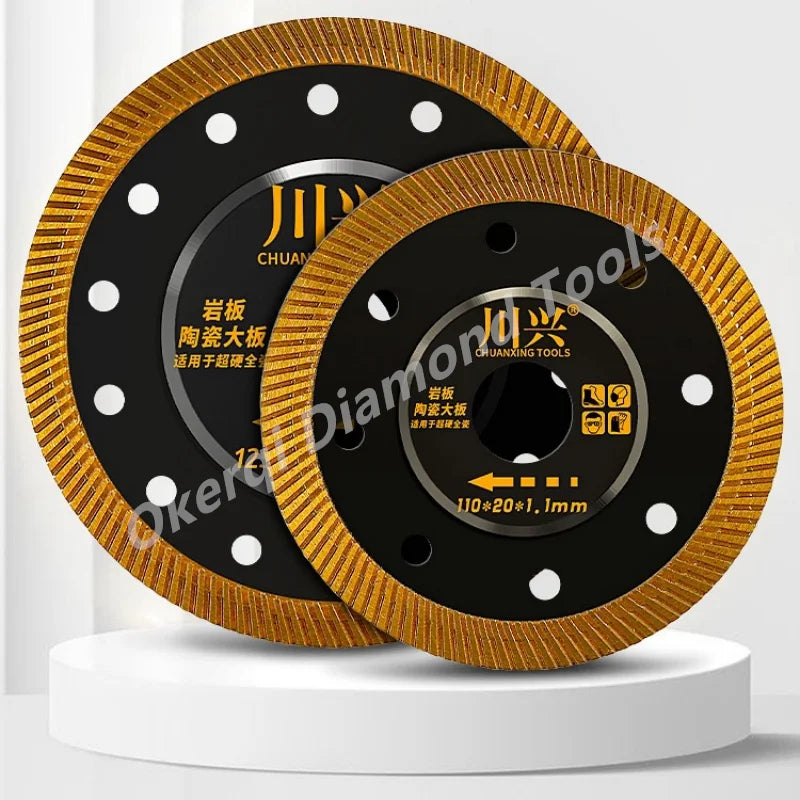 A close-up view of a round diamond saw blade with a gold edge and black body, used for cutting hard materials.
