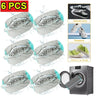 Six pairs of protective mesh laundry bags for shoes are shown alongside a washing machine.