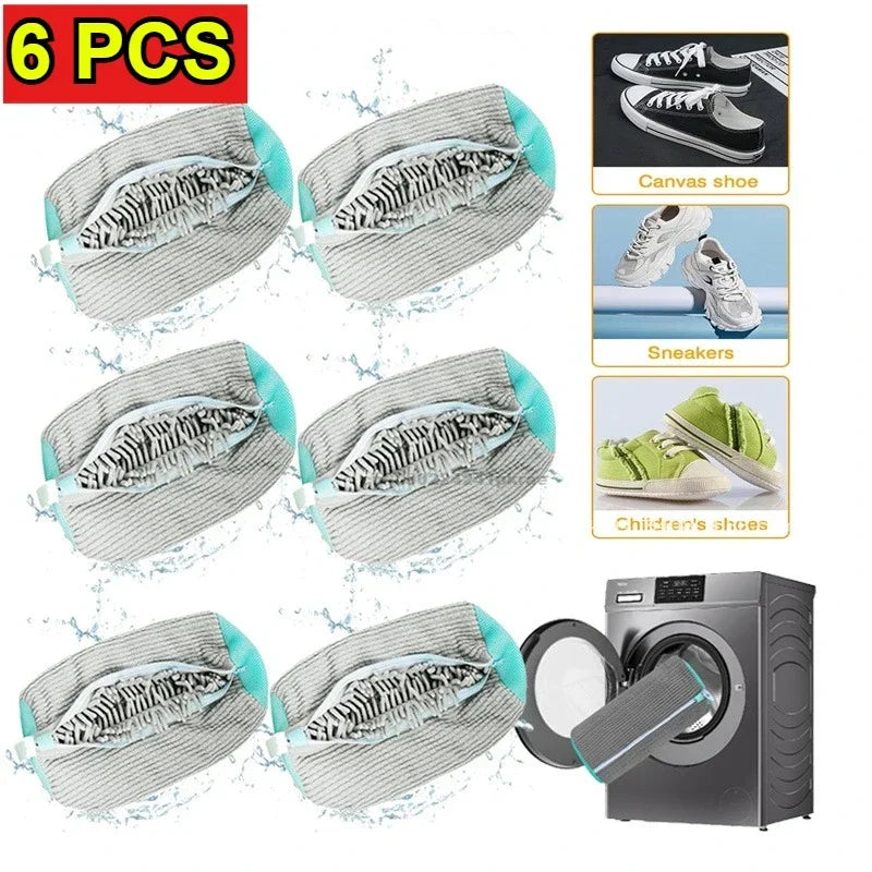 Six pairs of protective mesh laundry bags for shoes are shown alongside a washing machine.