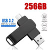 A black 2-in-1 USB 3.2 Metal U disk with a Type-C connector, showing the capacity 256GB.