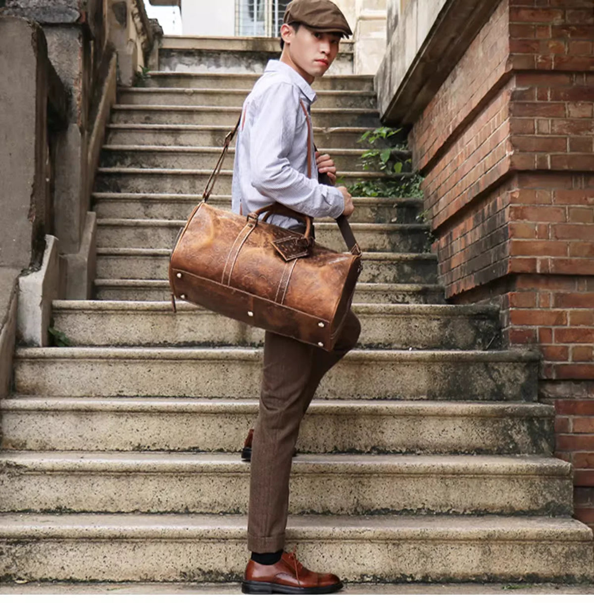 Vintage Embossed Leather Travel Duffle Bag
