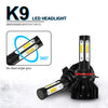 K9 LED headlight bulb with a 360 degree beam pattern shown in a black housing.