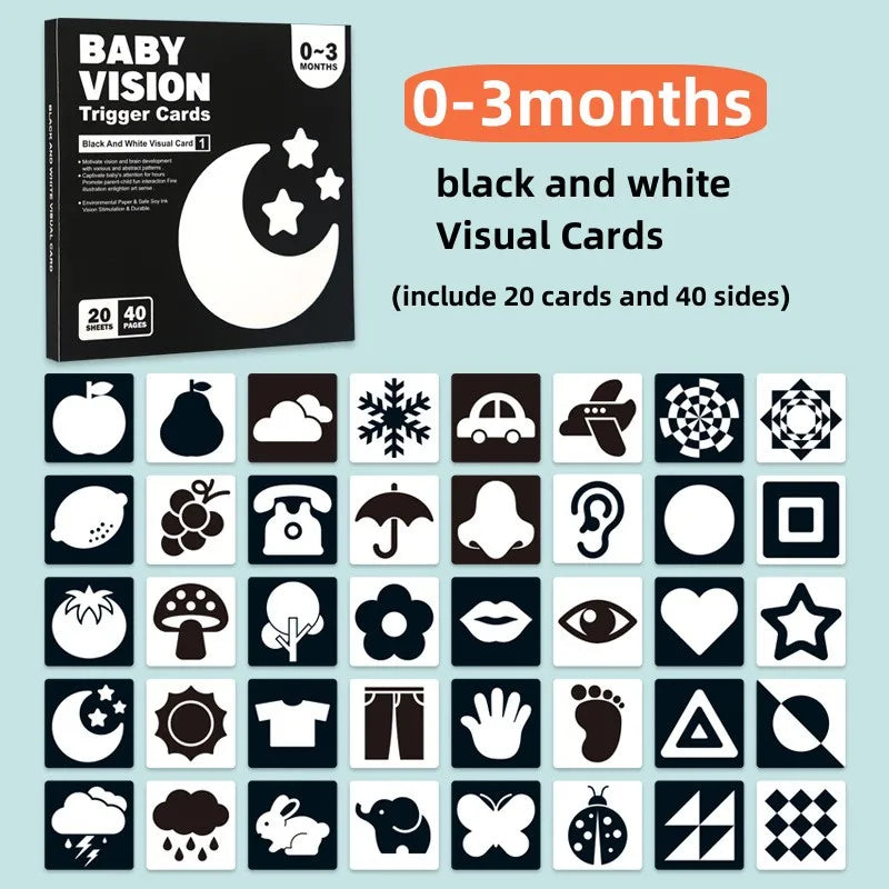 A set of black and white high-contrast baby visual cards for infants