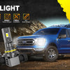LED light bulbs installed in a Ford truck headlight assembly with performance specifications displayed.