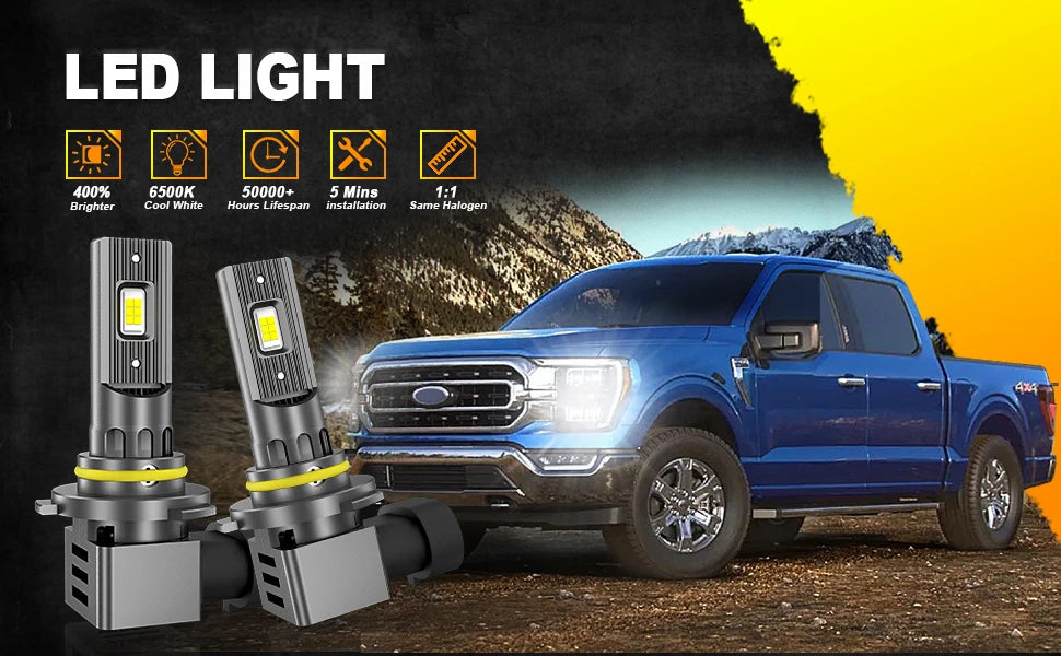 LED light bulbs installed in a Ford truck headlight assembly with performance specifications displayed.