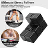 A black infinity cube fidget toy shown in various stacked and used forms for stress relief.