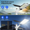A solar street light is shown mounted on a pole, illuminating the area from dusk to dawn.