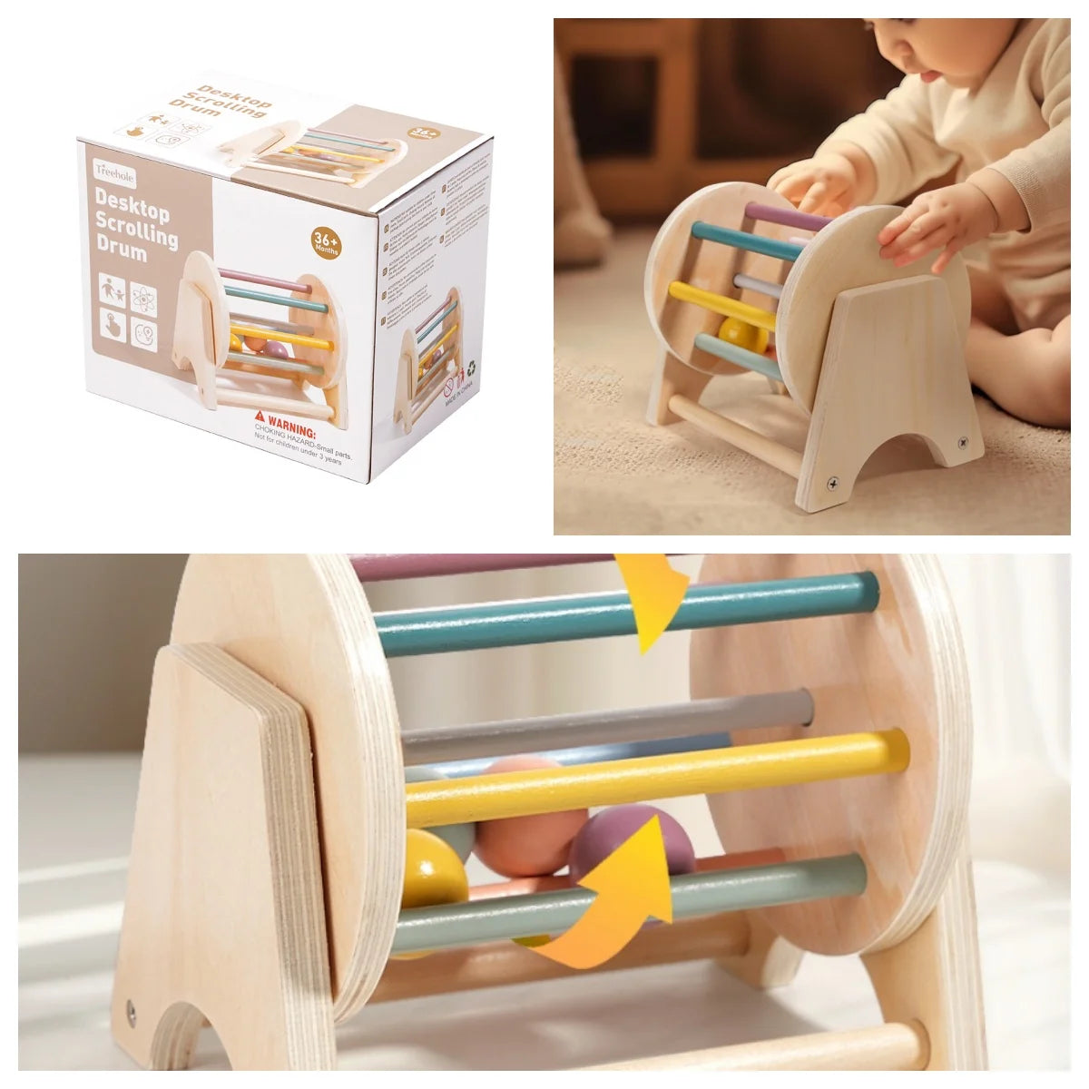 A wooden desktop scrolling drum baby rattle bell with colorful rings being held by a child.