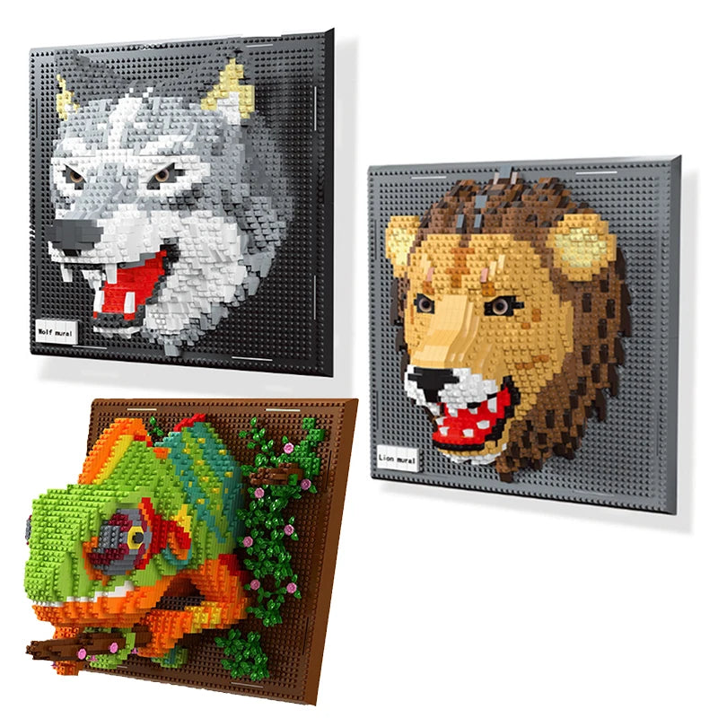 Three framed mosaic wall art kits featuring a wolf, a lion, and a green reptile.