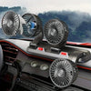 A close-up of a black car featuring a mounted dual-head cooling fan with an aromatherapy diffuser.