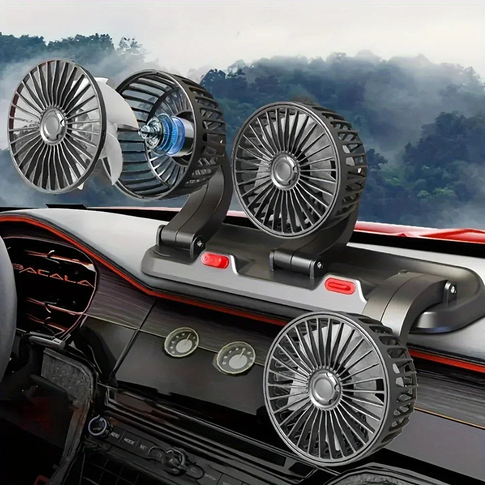 A close-up of a black car featuring a mounted dual-head cooling fan with an aromatherapy diffuser.