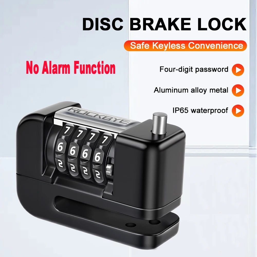 A black disc brake lock device with a keypad and a metal alloy body is shown against a white background.