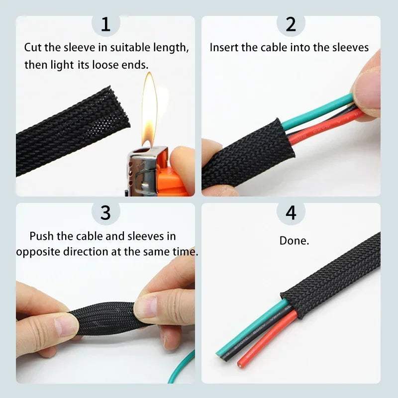 Four steps showing how to insert a cable into braided sleeves for flexible wire protection.