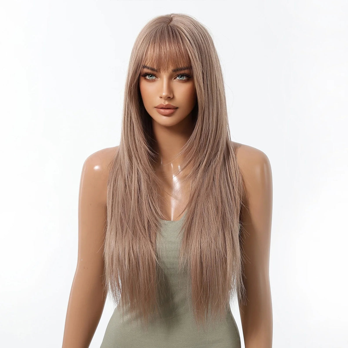 Rose Gold Layered Straight Wig with Bangs