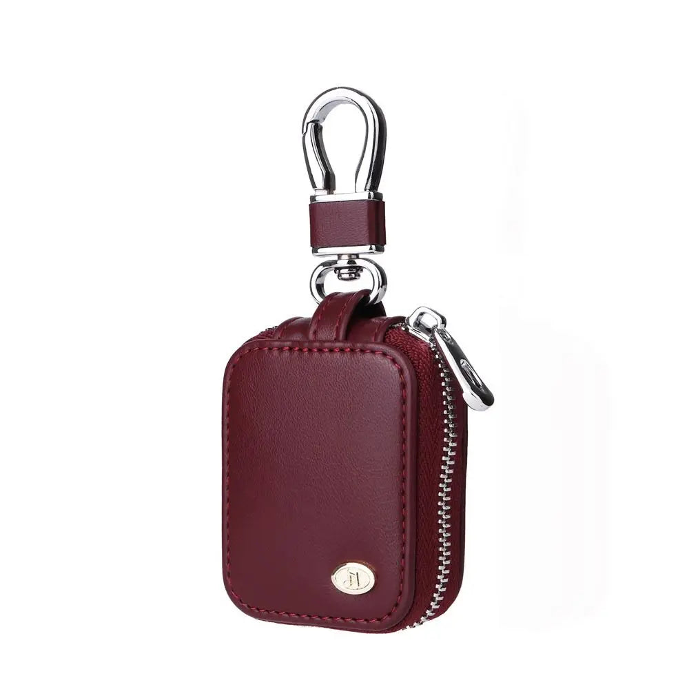 A maroon PU leather protective case for earbuds with an anti-lost hook.