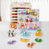 A set of wooden 3D jigsaw puzzles featuring animals, traffic, and fruit themes for toddlers.