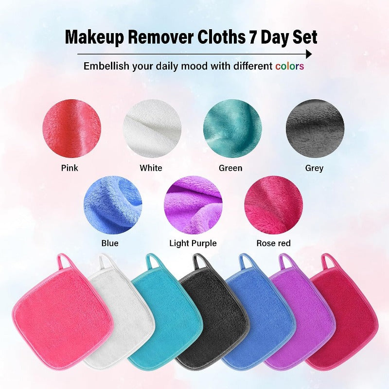 A set of five colorful reusable makeup remover cloths in various shades including pink, white, green, grey, blue, purple, and