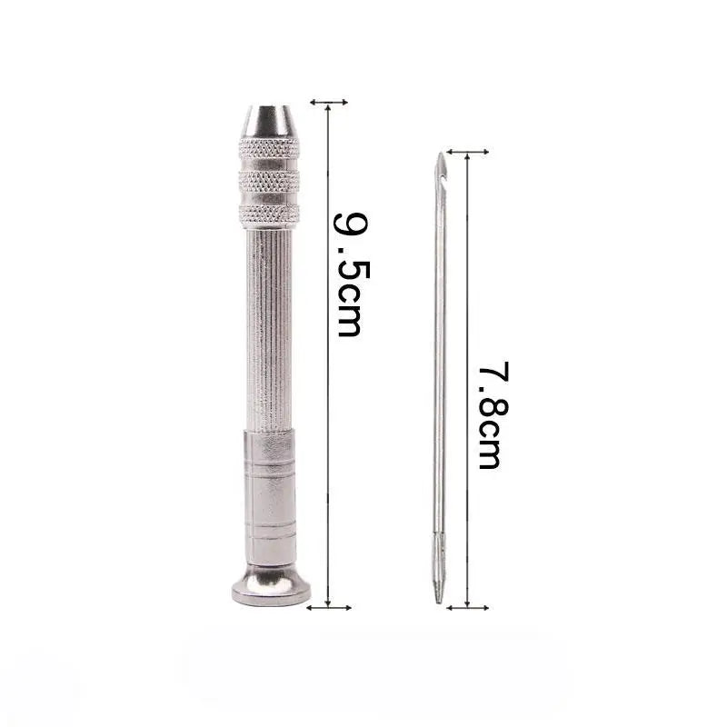A vertical measurement diagram showing the dimensions of a leather sewing awl set with replaceable needles.
