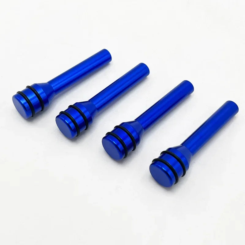 Three bright blue aluminum alloy car door lock pins shown against a white background.