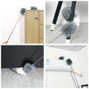 A retractable electrostatic dust duster with a microfiber head is shown in various contexts, including mounted on a cabinet a