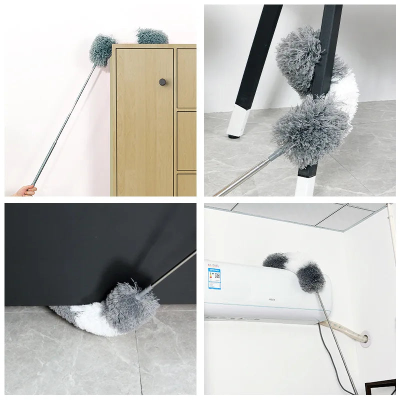 A retractable electrostatic dust duster with a microfiber head is shown in various contexts, including mounted on a cabinet a