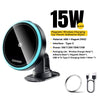Black 15W magnetic wireless car charger mount with an adhesive base and USB-C charging cable