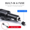Black built-in fuse USB car charger with a detachable micro USB cable shown twisting to open