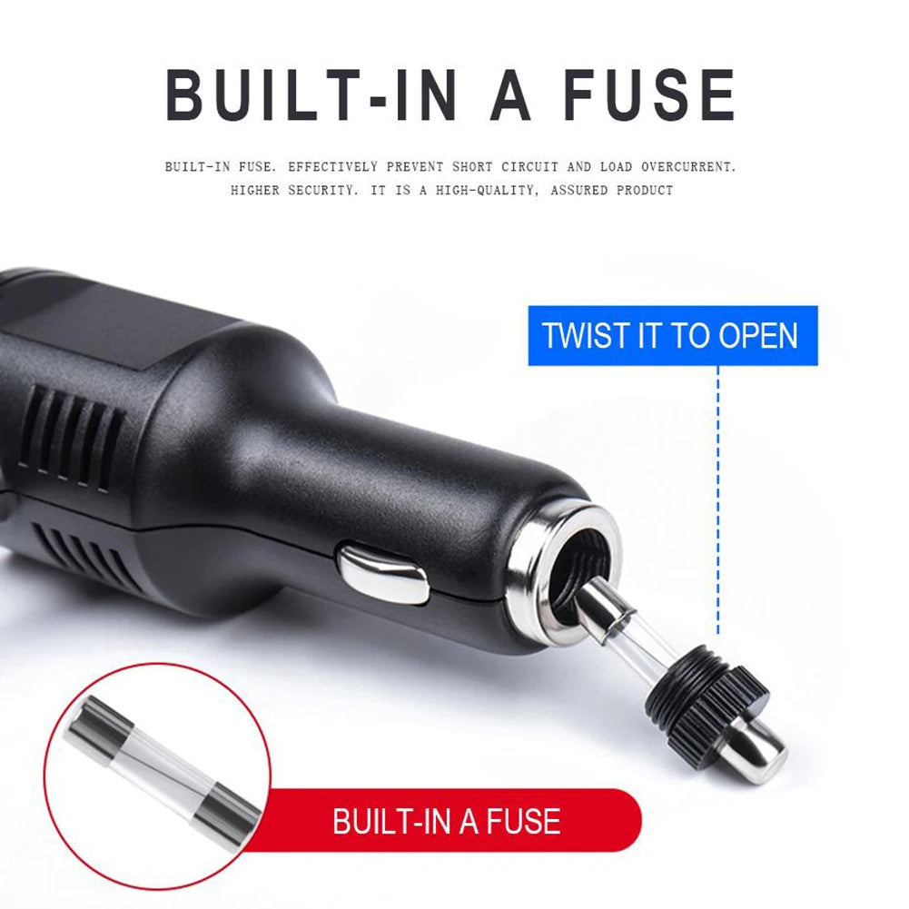 Black built-in fuse USB car charger with a detachable micro USB cable shown twisting to open