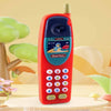 A red kids learning toy smartphone with a light blue screen and buttons, sitting on a light wooden surface.