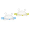 A white bunny-shaped baby teether with a yellow accent and a hidden handle.