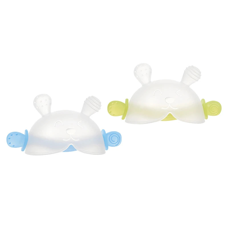 A white bunny-shaped baby teether with a yellow accent and a hidden handle.