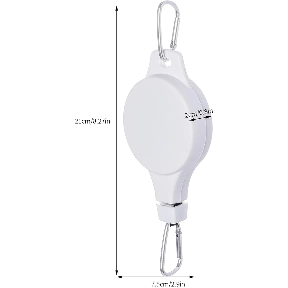 A white adjustable hanging plant pulley with a loop for hanging flower pots and baskets.
