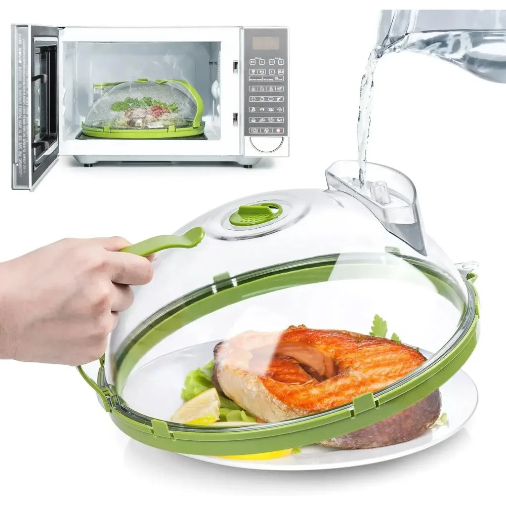 A hand holds a green microwave splatter cover with a steamer and ergonomic handle over a plate of food.