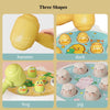 Three shapes of yellow pounding toys featuring a hammer, duck, frog, and pig designs.