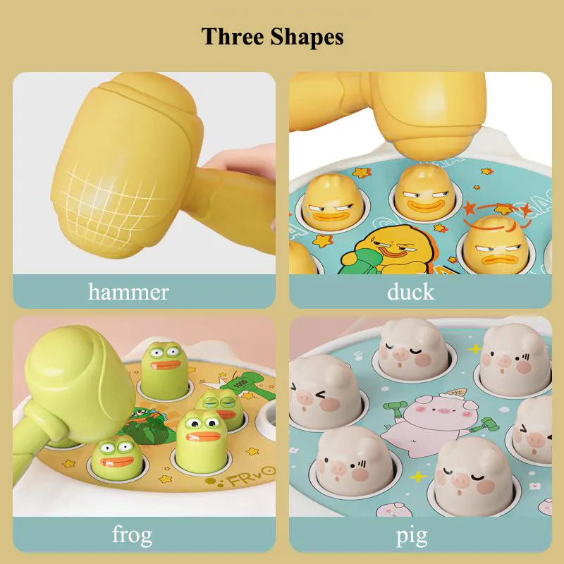 Three shapes of yellow pounding toys featuring a hammer, duck, frog, and pig designs.
