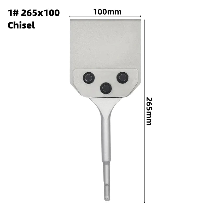 A silver chisel tool with a long shaft and a square head for floor scraping.