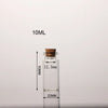 A clear glass bottle with a cork stopper, labeled 10ML and measuring 50MM in height.