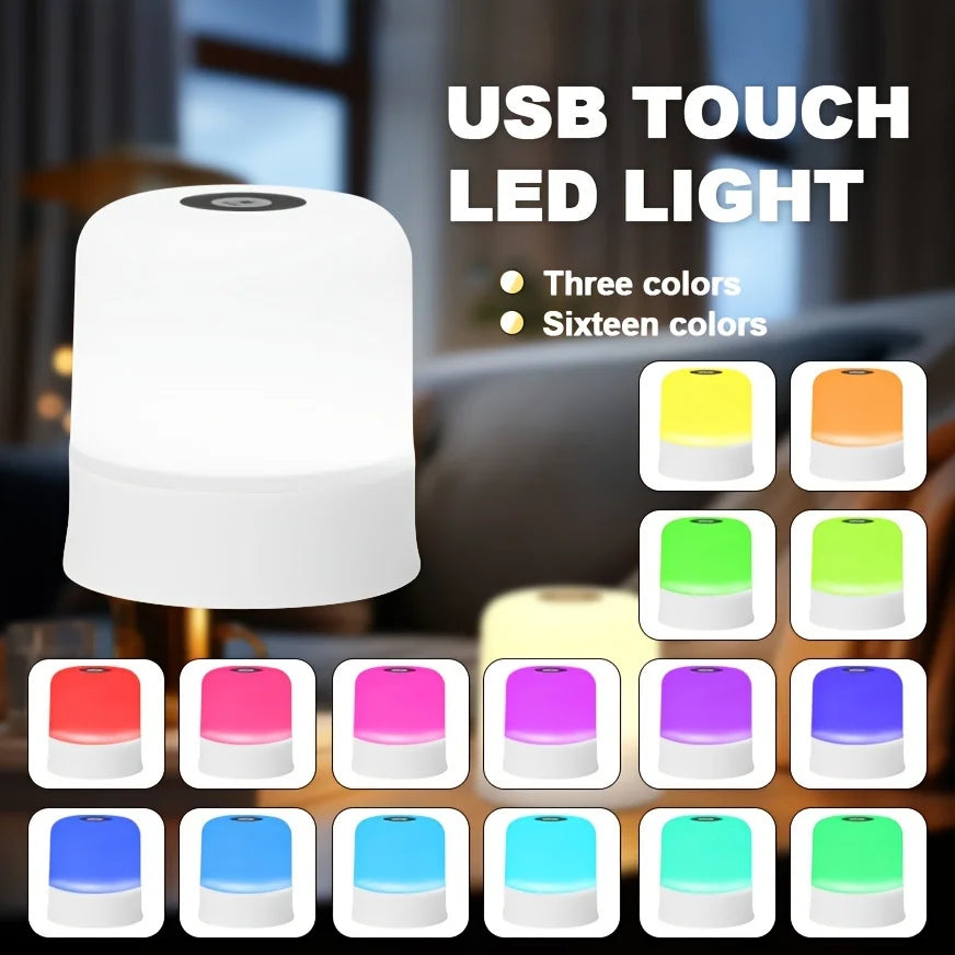 A white USB touch LED light is shown alongside various colored light options, including red, pink, purple, blue, cyan, and gr