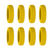 A set of yellow silicone luggage wheel protectors for quiet and scratch-free travel.