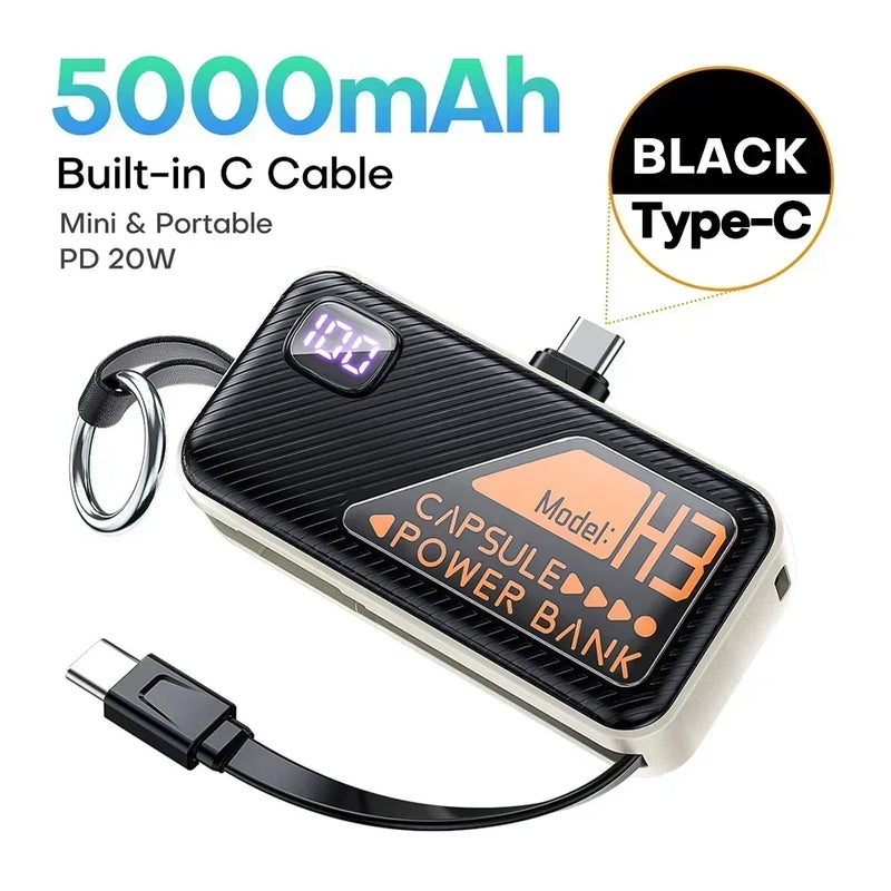 Compact 5000mAh Power Bank with Built-in USB-C Cable