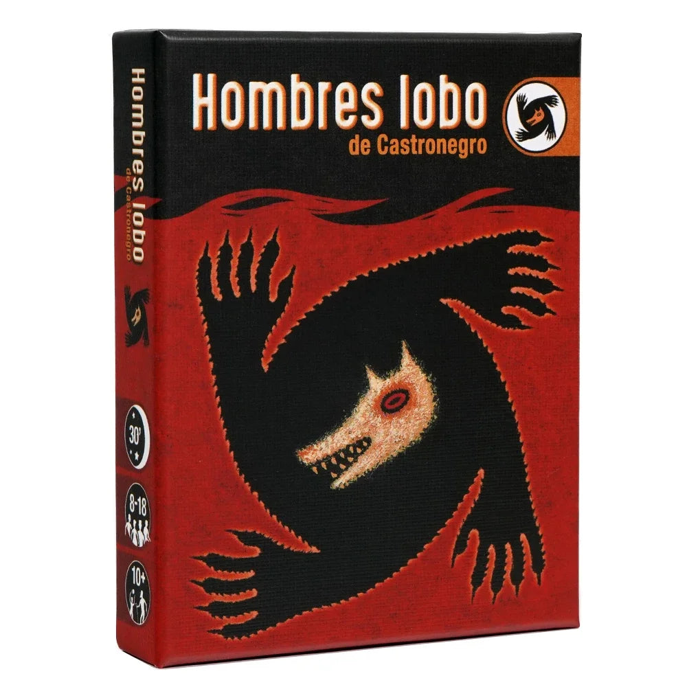 Box of Hombre Lobo de Castronegro card game featuring a silhouette of a black wolf head on a red background