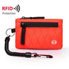 An orange RFID protection wallet with a black carabiner clip attached.