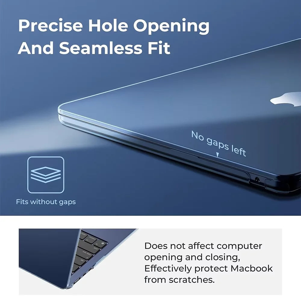A close-up of a matte protective case fitting seamlessly onto a MacBook, demonstrating precise hole opening and a seamless fi