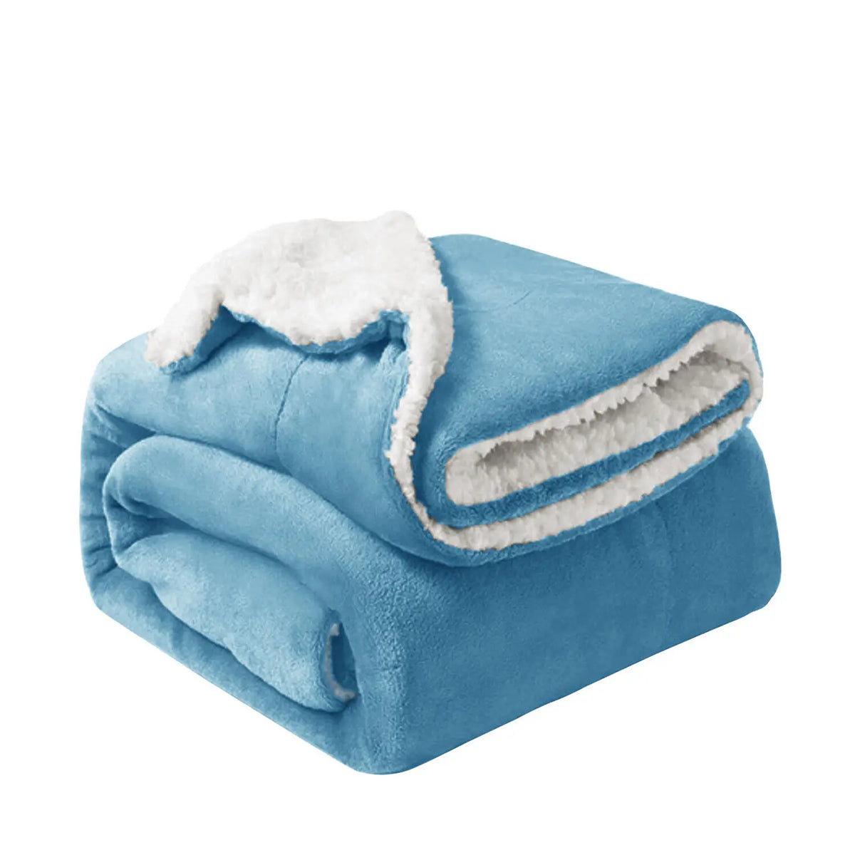 Manta de sherpa azul claro doblada con ribete blanco peludo.