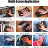 A collection of reusable microfiber cleaning cloths being used to wipe various surfaces like a computer, oil, table, and wind
