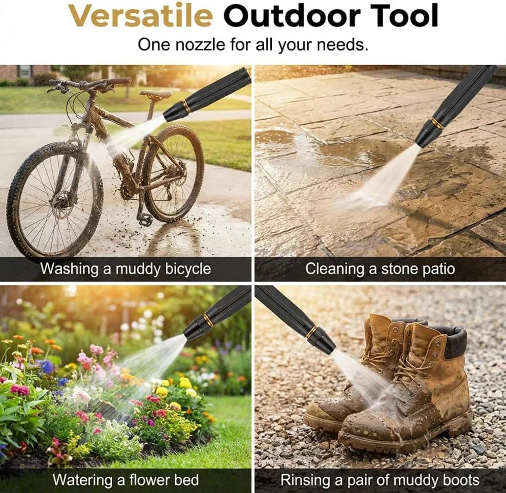 Versatile outdoor tool showing a nozzle washing a bicycle, cleaning a stone patio, watering a flower bed, and rinsing muddy b